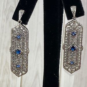 Hand Made Natural Blue Sapphire 925 Silver Filigree Retro Art Nouveau Earrings